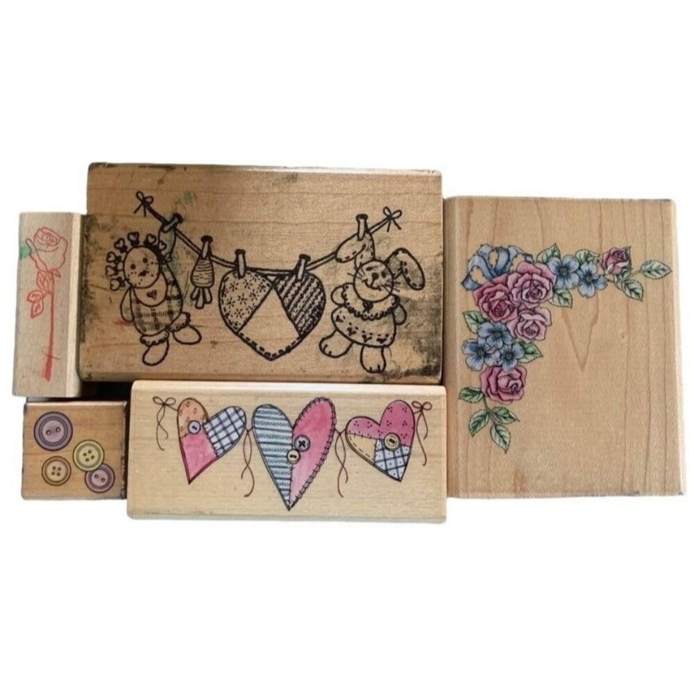 Set Of 5 Wooden Rubber Stamps Hearts Roses & Whimsical Designs Craft Scrapbookin